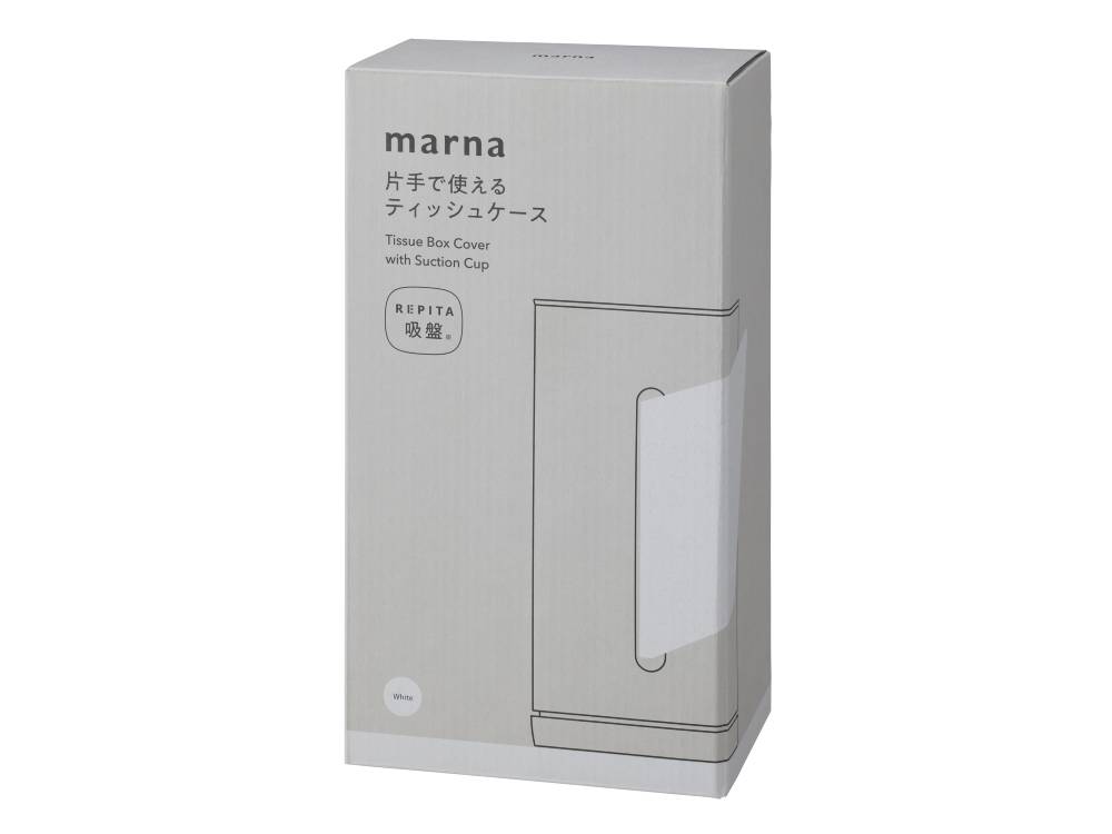 marna(マーナ)の倒れにくい片手操作用ティッシュケース。ABS樹脂製で光沢のある平らな面に簡単に設置可能。