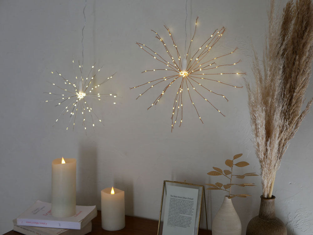 ホーンプリーズ製ブルーミングLカッパーLEDライトデコレーション。銅色のワイヤーに花形のLEDライトが配置された装飾用ライト。