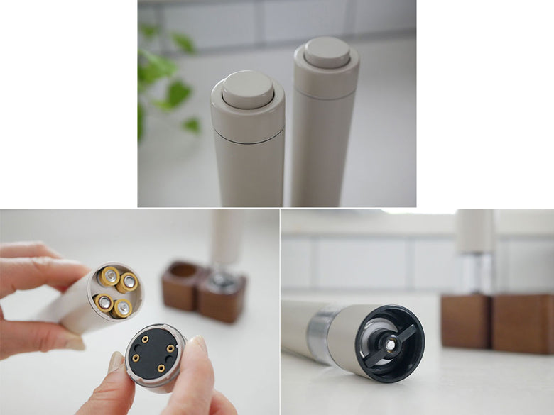 レコルト製アカシアスタンド付き電動ソルト＆ペッパーミル