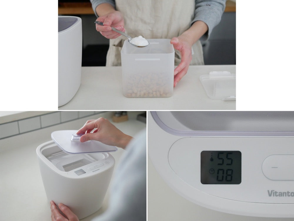 ビタントニオ初心者用発酵メーカーVFM-10-W本体と付属容器がキッチン台に並べられている様子