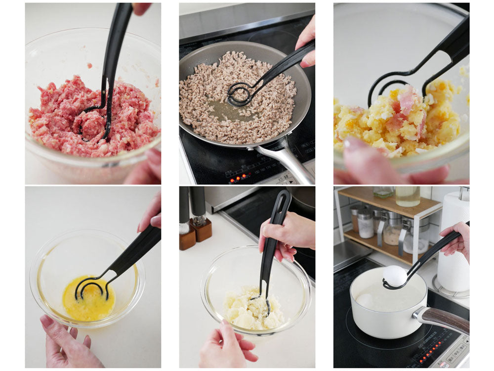 スウェーデン製マルチキッチンツール「オメガヴィスペン」とボウル、スプーン、スパチュラなどの調理器具がキッチンのテーブル上に並んでいる様子
