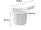 タワー マグネット手おけの写真。プラスチック製で計量カップやスパチュラ、蓋付きハンドルを備えたキッチン用ツールが並んでいます